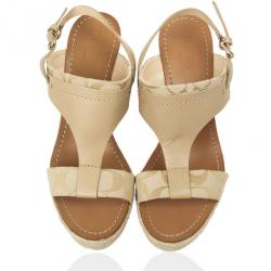 Coach Khaki Leather &amp; Signature Canvas Mendez Cork Wedges Sandals Size 39.5
