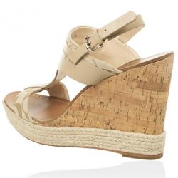 Coach Khaki Leather &amp; Signature Canvas Mendez Cork Wedges Sandals Size 39.5