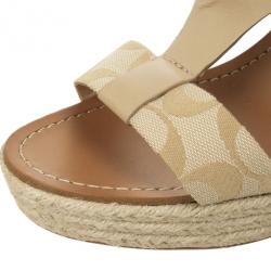 Coach Khaki Leather &amp; Signature Canvas Mendez Cork Wedges Sandals Size 39.5
