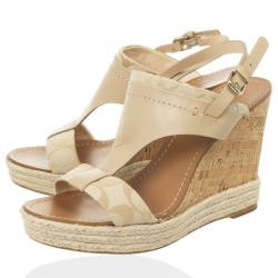 Coach Khaki Leather &amp; Signature Canvas Mendez Cork Wedges Sandals Size 39.5