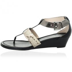Pre Owned Coach Black Leather &amp; Snakeskin T Strap Velvet Wedges Sandals Size 37