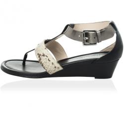 Pre Owned Coach Black Leather &amp; Snakeskin T Strap Velvet Wedges Sandals Size 37