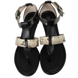 Pre Owned Coach Black Leather &amp; Snakeskin T Strap Velvet Wedges Sandals Size 37