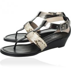 Pre Owned Coach Black Leather &amp; Snakeskin T Strap Velvet Wedges Sandals Size 37
