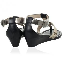 Pre Owned Coach Black Leather &amp; Snakeskin T Strap Velvet Wedges Sandals Size 37