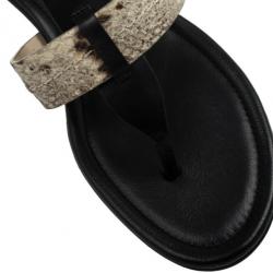 Pre Owned Coach Black Leather &amp; Snakeskin T Strap Velvet Wedges Sandals Size 37