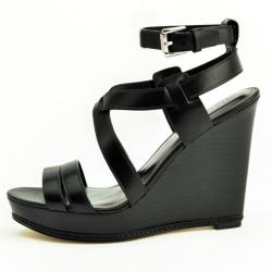 Coach Black Leather Macey Wedges Sandals Size 36.5