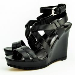 Coach Black Leather Macey Wedges Sandals Size 36.5