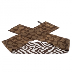 Coach Brown Logo and Stripe Print Silk Reversible Bandeau Scarf