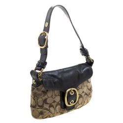 Pre Owned Coach Black/Beige Canvas and Leather Signature Buckle Shoulder Bag