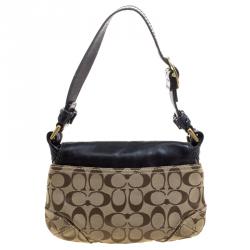 Pre Owned Coach Black/Beige Canvas and Leather Signature Buckle Shoulder Bag