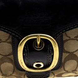 Pre Owned Coach Black/Beige Canvas and Leather Signature Buckle Shoulder Bag