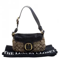 Pre Owned Coach Black/Beige Canvas and Leather Signature Buckle Shoulder Bag