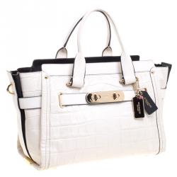 Coach Off White Croc Embossed Leather Large Swagger Top Handle Bag