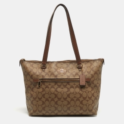 Pre Owned Coach Gallery Beige/Brown Signature Coated Canvas and Leather Tote