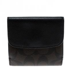 Pre Owned Coach Brown/Black Leather Trifold Compact Wallet