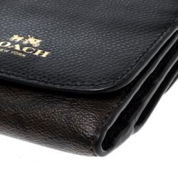 Pre Owned Coach Brown/Black Leather Trifold Compact Wallet