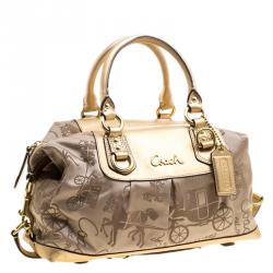 مملوكة مسبقًا Coach Beige/Gold Fabric and Leather Satchel