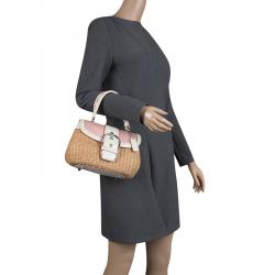 Coach Beige/White Woven Straw and Leather Satchel 