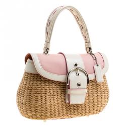 Coach Beige/White Woven Straw and Leather Satchel 