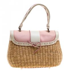Coach Beige/White Woven Straw and Leather Satchel 