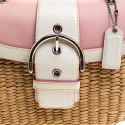 Coach Beige/White Woven Straw and Leather Satchel 