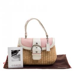 Coach Beige/White Woven Straw and Leather Satchel 