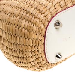 Coach Beige/White Woven Straw and Leather Satchel 