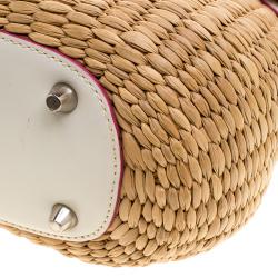 Coach Beige/White Woven Straw and Leather Satchel 