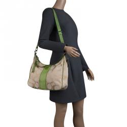 Coach Beige/Green Signature Canvas Stripe Convertible Hobo 