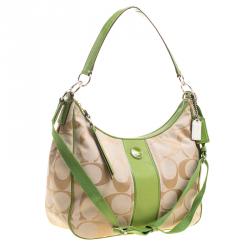 Coach Beige/Green Signature Canvas Stripe Convertible Hobo 