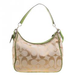 Coach Beige/Green Signature Canvas Stripe Convertible Hobo 
