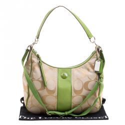 Coach Beige/Green Signature Canvas Stripe Convertible Hobo 