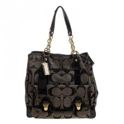 Pre Owned Coach Black/Grey Signature Canvas Poppy North South Tote