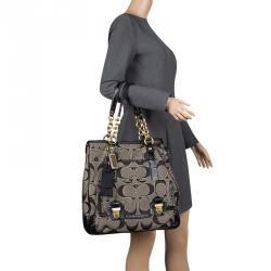 Pre Owned Coach Black/Grey Signature Canvas Poppy North South Tote