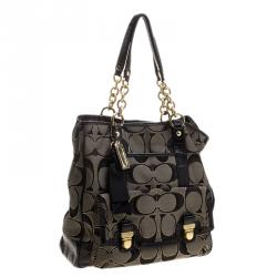 Pre Owned Coach Black/Grey Signature Canvas Poppy North South Tote