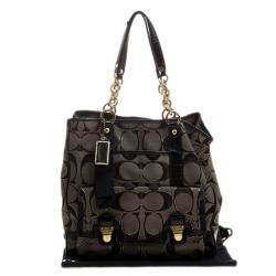 Pre Owned Coach Black/Grey Signature Canvas Poppy North South Tote