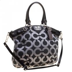 Pre Owned Coach Madison Black Op Art Sateen and Leather Satchel