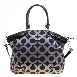 Pre Owned Coach Madison Black Op Art Sateen and Leather Satchel