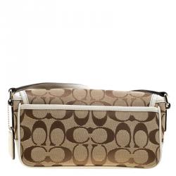 Pre Owned Coach White/Beige Signature Canvas Crossbody Bag