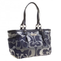 Pre Owned حقيبة يد كوتش جلد لامع وجاكارد شهير أوبتك رمادية/ زرقاء