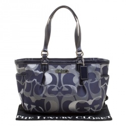 Pre Owned حقيبة يد كوتش جلد لامع وجاكارد شهير أوبتك رمادية/ زرقاء