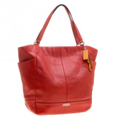 Pre Owned Coach Vermilion Red Leather Park Signature North South Tote