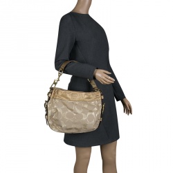 Pre Owned Coach Beige/Gold Canvas and Leather Hobo