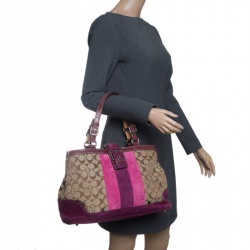 Pre Owned Coach Beige/Purple Signature Canvas Demi Striped Tote