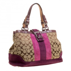 Pre Owned Coach Beige/Purple Signature Canvas Demi Striped Tote