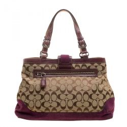 Pre Owned Coach Beige/Purple Signature Canvas Demi Striped Tote