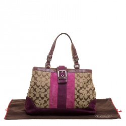 Pre Owned Coach Beige/Purple Signature Canvas Demi Striped Tote