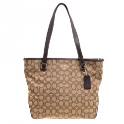 Pre Owned Coach Beige/Brown Signature Canvas and Leather Trim Tote