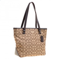 Pre Owned Coach Beige/Brown Signature Canvas and Leather Trim Tote